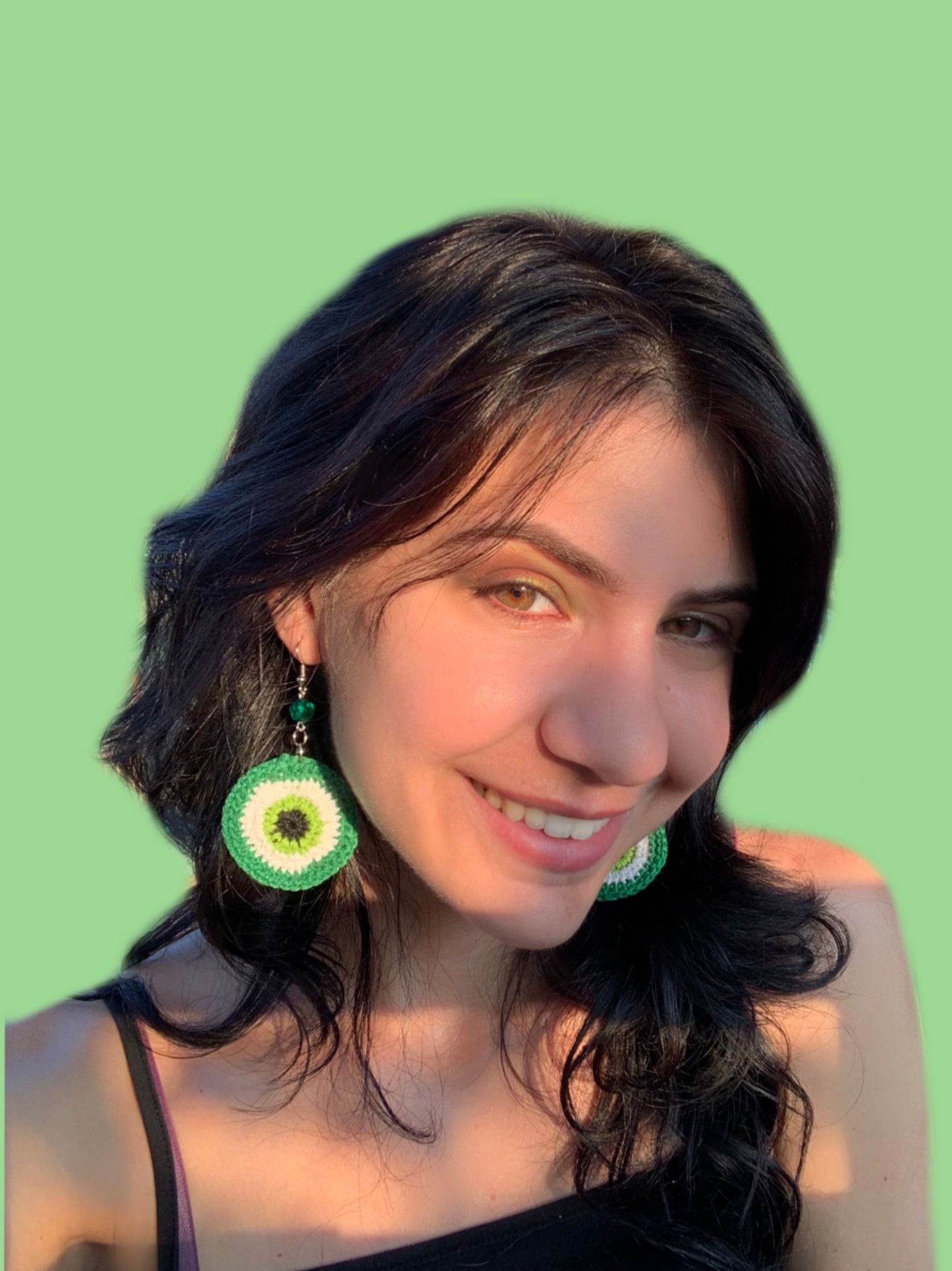 Green Evil Eye Crochet Earrings