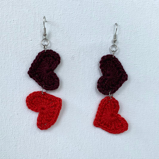 Red Double Heart Crochet Earrings